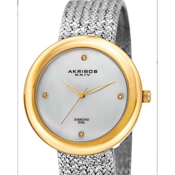 NEW~Akribos XXIV Women's Quartz Diamond Bracelet Watch~Two-Tone - Picture 2 of 6
